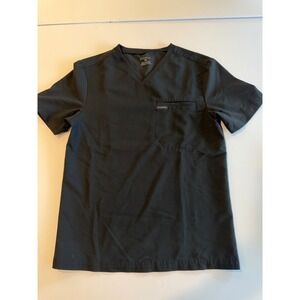 Jaanuu Womens V-Neck Scrub Top Black Short Sleeve Chest Pocket Size XS